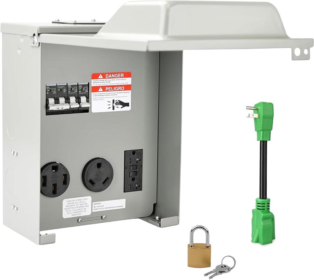 RVGUARD RV Temporary Power Outlet Panel with Breaker, ETL Listed 20 30 50 Amp RV Receptacle, Type 3R RV Electrical Outlet Panel with 20 Amp 90 Degree Adapter Cord for RV, Camper, Travel Trailer (3 in 1)