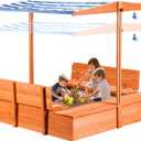 Kids Wooden Outdoor Sandbox with CoverSand Boxes with Canopy and Foldable Storage Bench Seats, Sand Table with Protection Bottom Liner,Kids Play Equipment for Outdoor(47X47Inch)