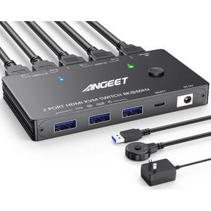 HDMI KVM Switch 2 Port 8K@60Hz 4K@120HzANGEET HDMI 2.1 KVM Switch for 2 Computers Share 1 Monitor and 3 USB 3.0 DevicesHDCP 2.3HDR 10with Wired Remote and 2 USB3.0 Cable