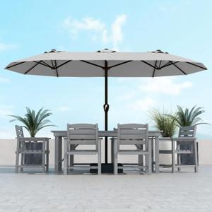 Kingdura 15ft Large Patio Umbrella with Base Included, Double-Sided Rectangle Outdoor Table Umbrella with 12 Reinforced Ribs, Crank Lift for Market Pool Deck Backyard, Light grey