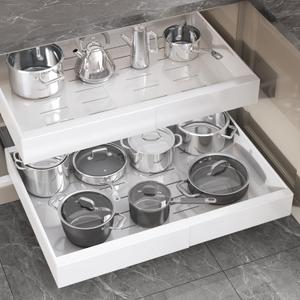 2 Pack Pull Out Cabinet Organizer 18" Deep,Full Extension 3 Slide Rails Slide Out Drawers With Raising Pad for Framed Cabinets,Expandable Width (15.4"-26.2"),No Drill Roll Out shelf,White