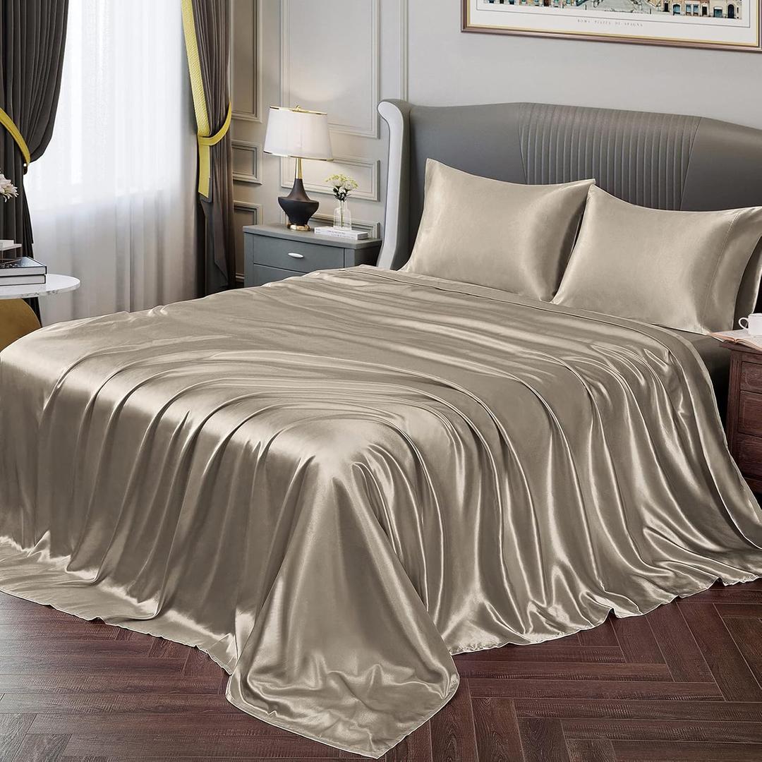 Vonty Satin Sheets Queen Silky Soft Satin Bed Sheets Sand Sheet Set, 1 Deep Pocket Fitted Sheet + 1 Flat Sheet + 2 Pillowcases