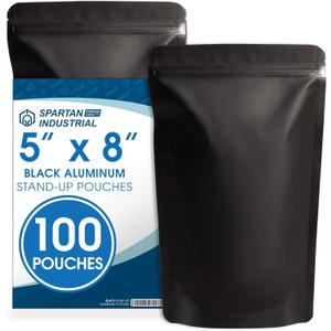 Spartan Industrial 5" X 8" Matte Black Stand-Up Pouch Bags - 100 Count Smell-Proof Mylar Bags With Heat Sealable Opening and Resealable Zipper