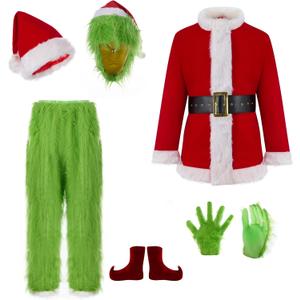 7PCS Christmas Green Monster Costume, Christmas Santa Suit for Adult Men with Mask (3X-Large)