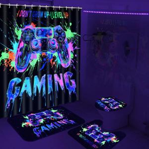 Likiyol 4 Pcs Blacklight Shower Curtain Sets with Rugs, Gaming Kids Bathroom Set with Shower Curtain and Rugs, Gamepad Trippy UV Reactive Bathroom Sets Decor for Adults Boys (69"W x 70"L (Pack of 4))