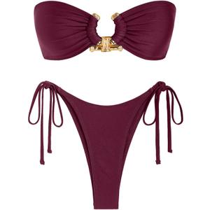 ZAFUL Bikini Sets for Women Strapless Top Sexy High Cut Bathing Suit Bandeau Two Piece Swimsuit String Beach Swim Suit 2026 (Medium, Silky Wine Red)
