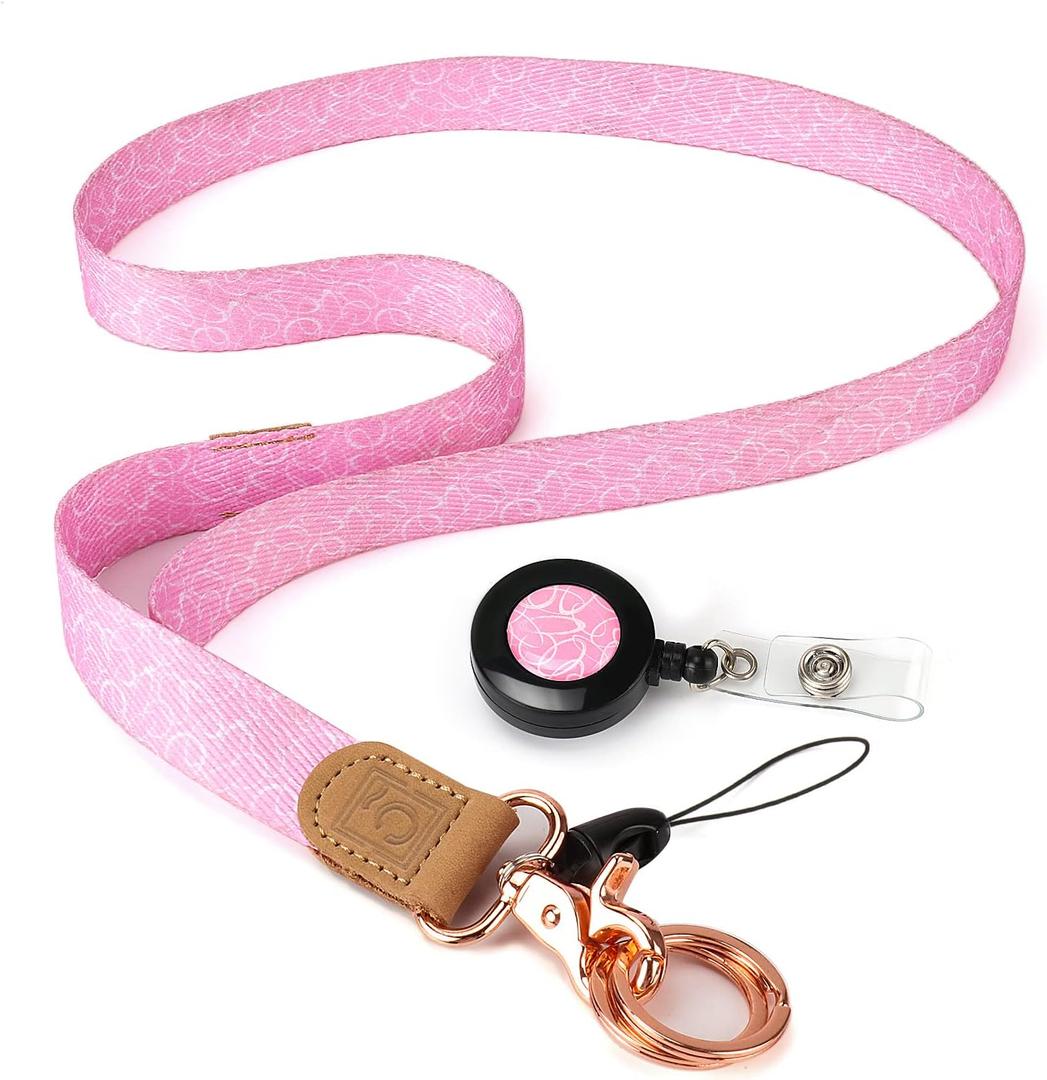 Lanyards for Keys for Women Neck Keychains Cute Pink Lanyard with Retractable Badge Reel Long Key Chain Strap Girls Key Lanyard