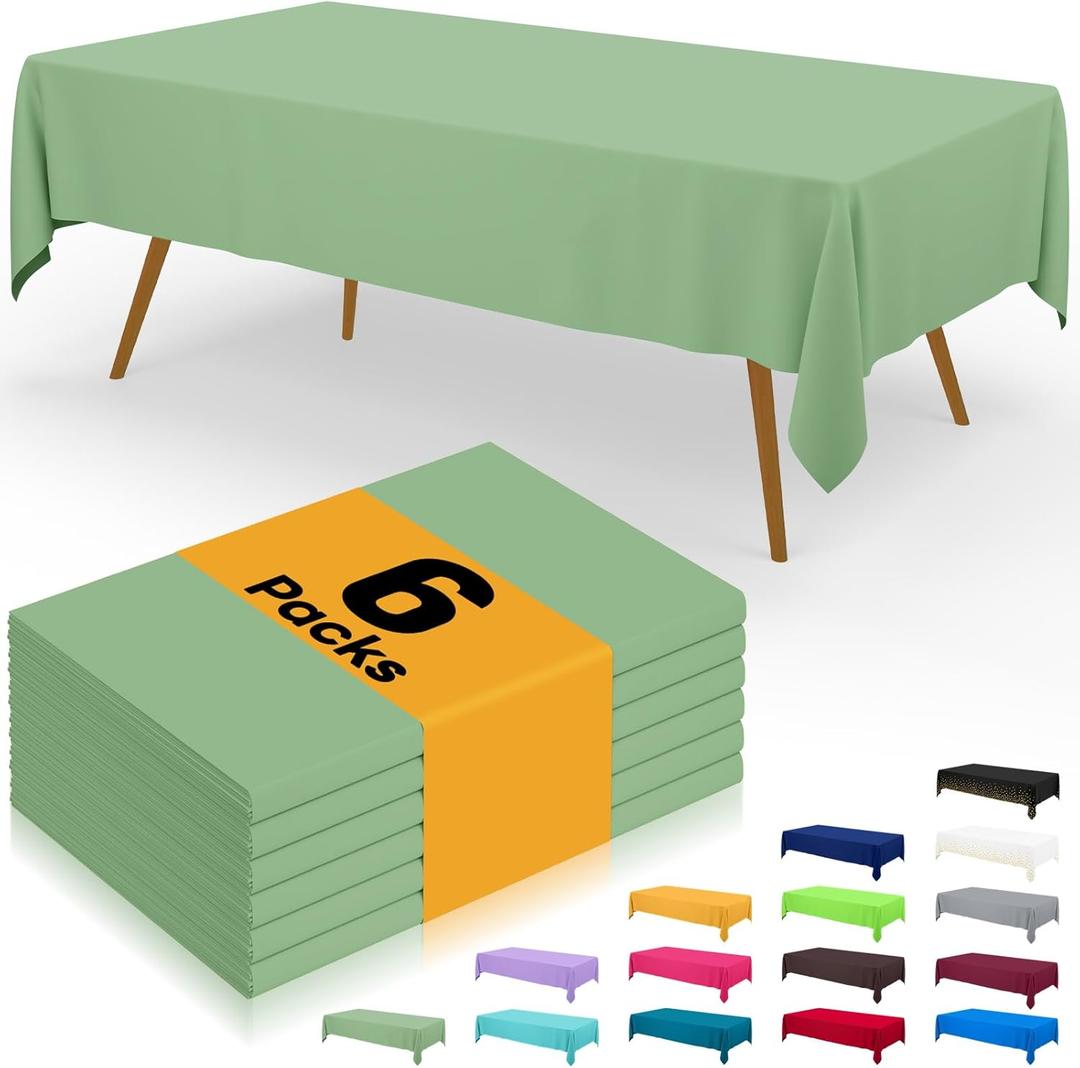 Smiry Disposable Table Cloth - 6 Pack, 54 x 108 Inch Waterproof Rectangle Tablecloths for Parties, Decorative Plastic Table Cover, Leakproof & Sturdy, Sage Green