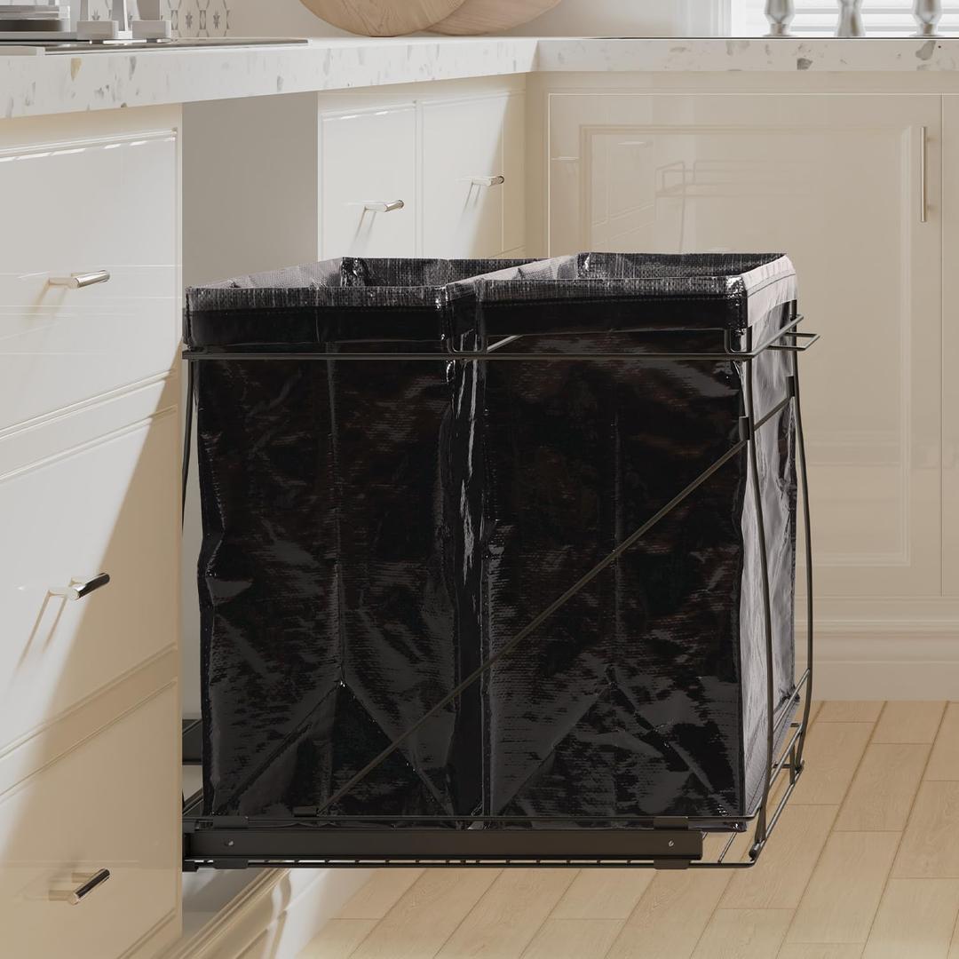 Pull-Out Trash Can for Kitchen Cabinet, Double 13 Gallon Tilt Out Garbage Bins with Soft-Close Slides, Under Sink Stainless Steel Shelf, Easy Installation, Heavy Duty Bags Included (Black)