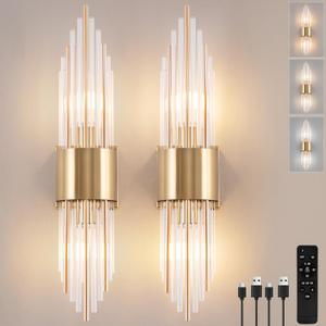 Battery Operated Wall Sconce Set of 2, Modern Crystal Wall Sconces Gold Vanity Wall Light with Frosted Glass Luxury Wall Light Fixtures for Bedroom Living Room Dining Room Vanity Mirror Light