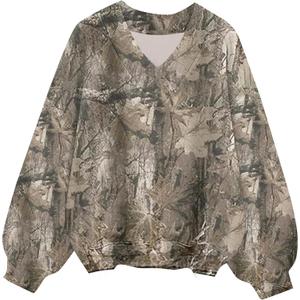 Women Y2K Camo Sweatshirt V Neck Fleece Maple Leaf Print Long Sleeve Drop Shoulder Oversized Pullover Top Fall Outfit (Small, Khaki Green)
