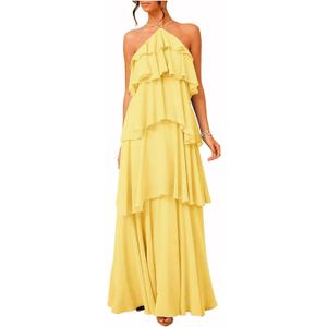 SOLY HUX Women's Sundresses Ruffle Layered Halter Flowy Maxi Dress Elegant Wedding Guest Dresses (Plain Yellow)