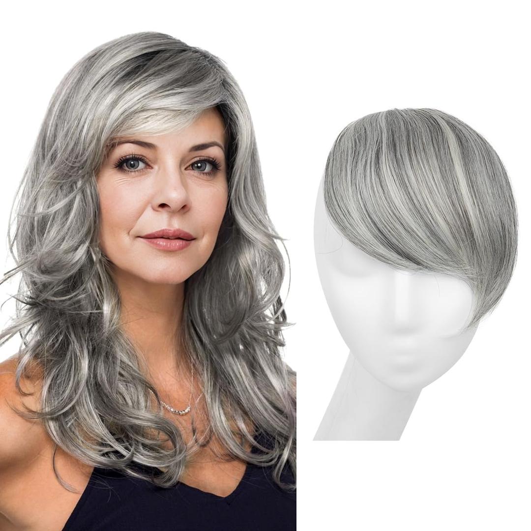 SARLA Clip in Side Bangs Extension Straight Synthetic Fake Bangs One Piece for Women Grey Multi