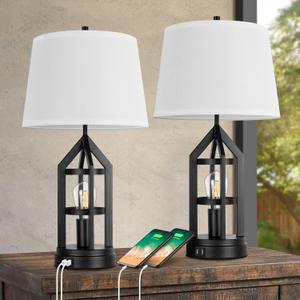 BesLowe 2-Light Farmhouse Touch Table Lamps, 3-Way Dimmable Bedside Lamps with 2 USB Ports for Bedroom, Rustic End Table Lamps for Living Room with White Shades, 4 LED Bulbs Included, Set of 2