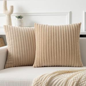 Kevin Textile Throw Pillow Covers Soft Corduroy Decorative Set of 2 Boho Striped Pillow Covers Pillowcases Farmhouse Home Decor for Couch Bed Sofa Living Room 24x24 Inch Beige