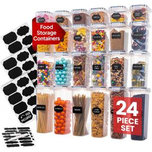 Airtight Food Storage Containers Set - Air Tight Pantry Storage Containers with Lids - Pasta Flour Sugar Cereal Containers - Storage Containers for Food - Kitchen Storage Container (Clear-24 Pack)