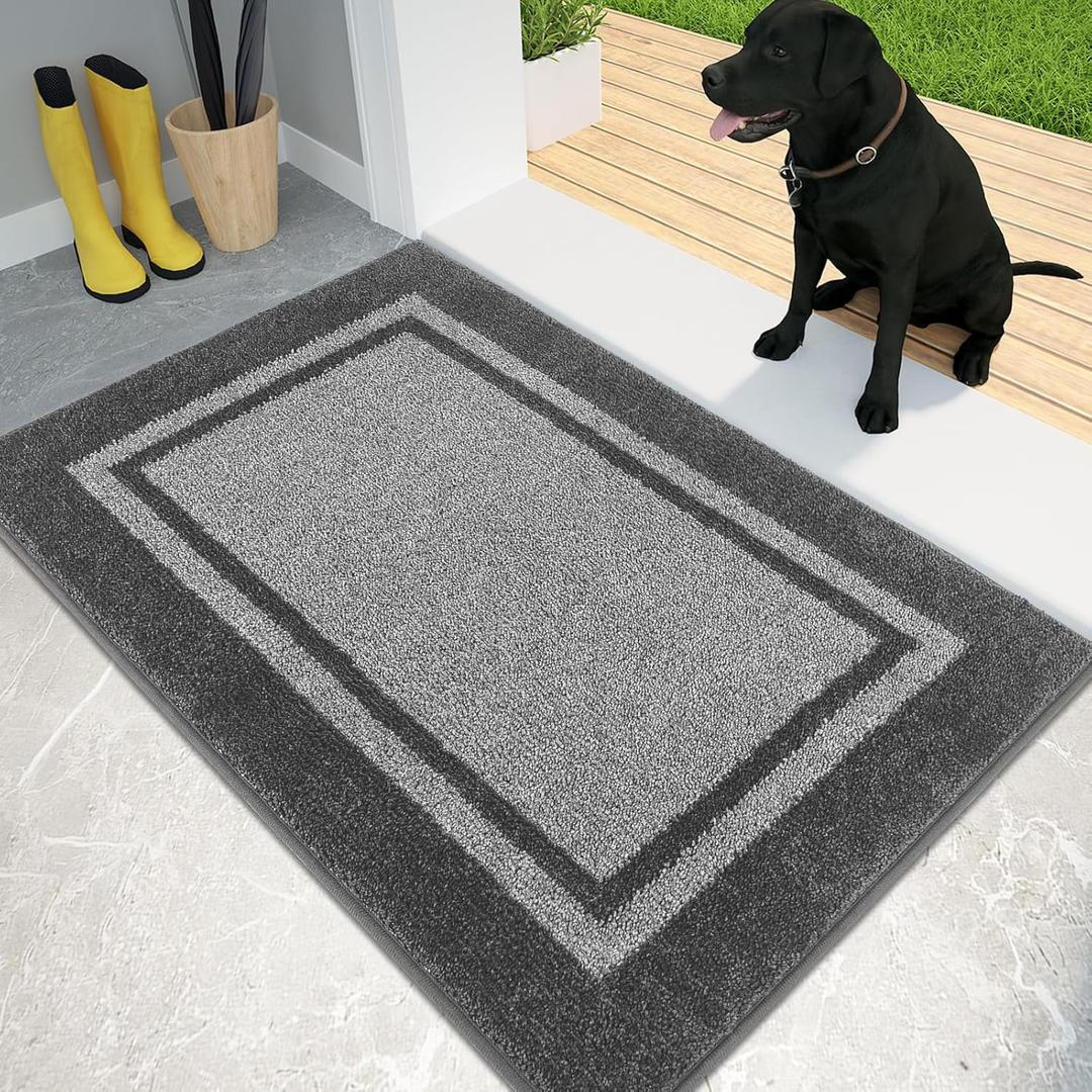 PURRUGS Dirt Trapping Door Mat 24" x 36", Non-Slip Machine Washable Entryway Rug, Entrance Mat, Indoor Front Door Mat, Super Absorbent Entry Rug for Muddy Shoes & Paws, Light Grey & Dark Grey