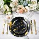 JOLLY PARTY 180PCS Disposable Dinnerware Set 30 Guest, 60 Black and Gold Plastic Plates, 30 Silverware, 30 Plastic Cups, Marble Design Dinnerware for Halloween, Wedding and Parties