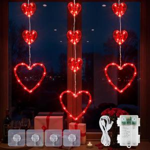 Valentines Day Lights, 65 LED Red Heart-Shaped Hanging String Lights Battery/USB Powered for Bedroom, Wall, Indoor, Outdoor, Galentine's Day Party Decorations, Heart