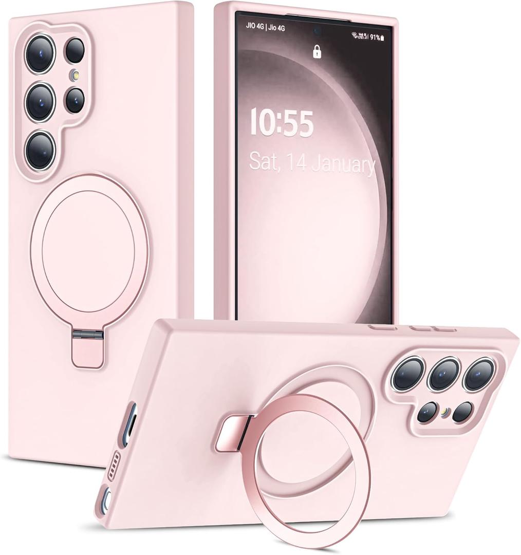 Designed for Samsung Galaxy S23 Ultra Case 6.8'' with Magnetic Ring Stand[Compatible with Mag-Safe][Military-Grade Protection]Slim Liquid Silicone S23 Ultra Phone Case for Men Wowen,Pink 2579