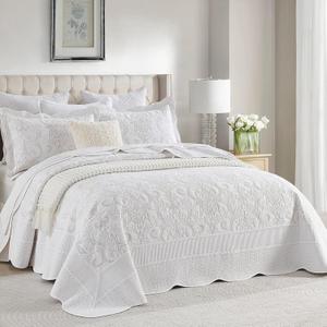 Finlonte Oversized Queen Bedspread 120"x102" - 100% Cotton Vine Embroidery Quilted Bedspread Coverlet, Lightweight Soft Extra Large Queen Quilt Set with 2 Pillowshams, White/Yellow