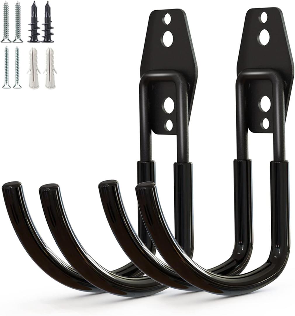 GeeWatom Garage Storage Utility HooksGarage Garden Tool OrganizerSteel Wall Mount Hooks, Large Garden U Hooks 2 Pack (Type-2-Black)