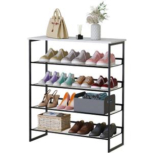 Garden 4 you Shoe Rack for Entryway 5 Tiers 11.8" D x 29" W x 36.5" H, Metal Shoe Rocks with White Wooden Tabletop, Angled Shoes Rack with Adjustable Mesh Shelves for Entryway Hallway Closet