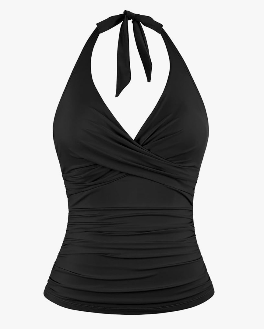 Firpearl Underwire Tankini Tops for Women Ruched Tummy Control Bathing Suit Tops Halter V Neck Swimsuit Top Only US 12