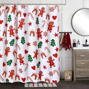 Estmy Cute Gingerbread Man Christmas Fabric Shower Curtain Sets, Xmas Tree Gingerbread House Candy Cane Holiday Festive Christmas Bathroom Shower Curtains Retro Aesthetic Xmas Bathroom Decoration