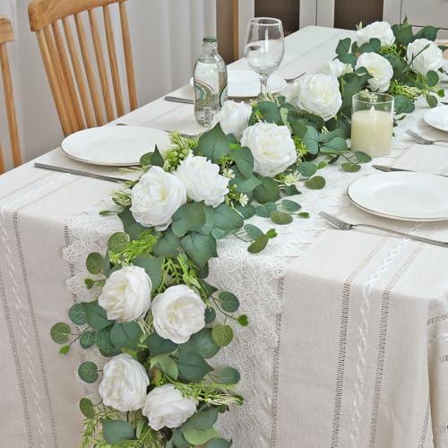 MEIVINES 2 Pack Artificial Eucalyptus Garlands with White Roses Peony,6.23 FT Faux Floral Greenery Garlands Fake Rose Flowers Vines Garlands for Wedding Table Centerpieces Arch Backdrop Decor