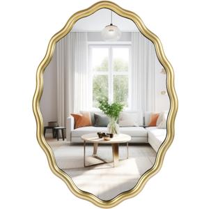 Oval Bathroom Mirror 20"x30" Wavy Wall Mirror Decorative Scalloped Edge Vanity Mirror for Bathroom,Living Room, Bedroom, or Entryway  Vintage Sunburst Design with Beveled Detailing (Gold)