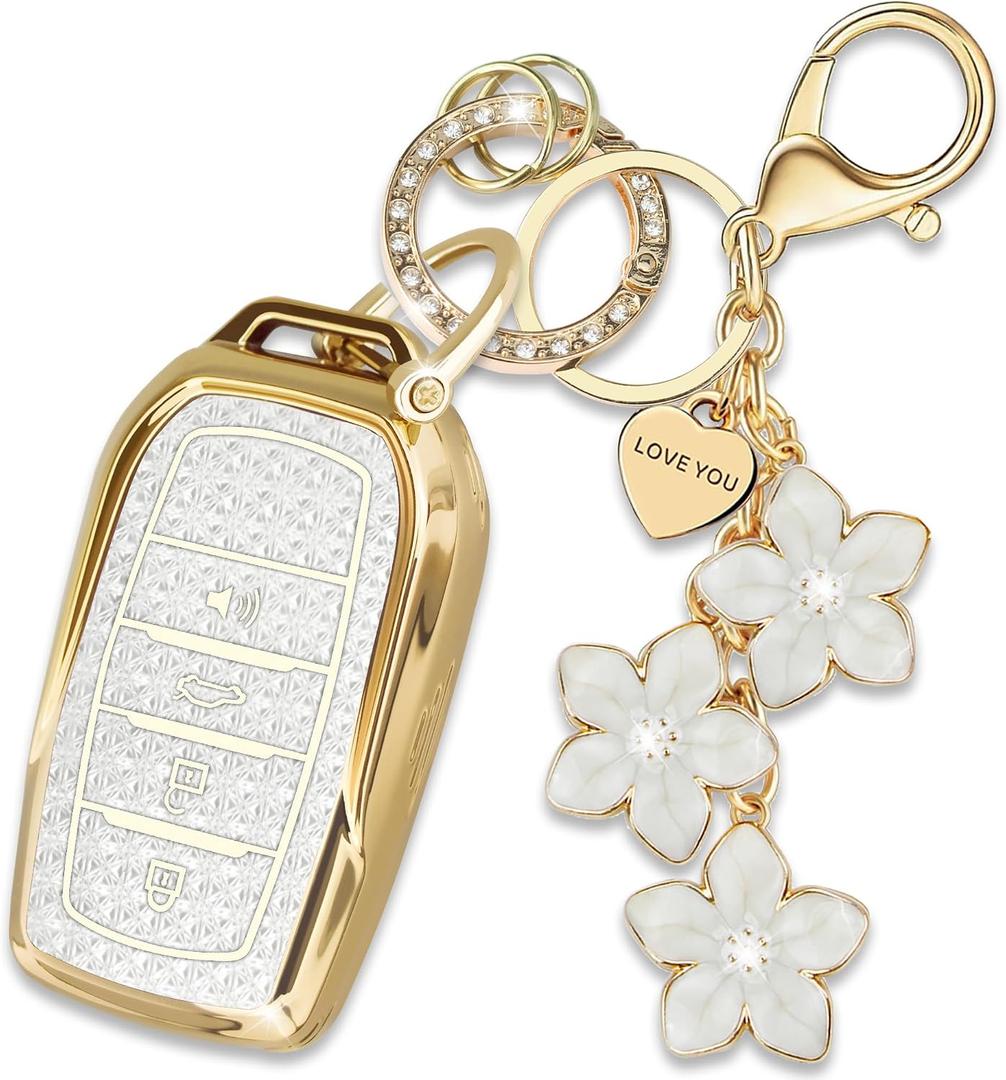 White TPU Key Fob Cover with Sakura Flower Keychain Compatible with Toyota Sequoia Land Cruiser Venza RAV4 Prime Hilux Tundra Corolla Fortuner Grand Highlander 4-Button Smart Key for Women