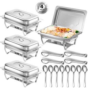 Chafing Dishes for Buffet, 8 Qt High Grade Chafing Dish Buffet Set, Full Size Pan, Rolled-Edge Design Food Warmers for Parties, Buffet, Wedding, Birthday, Camping 4 Pack [Silver]