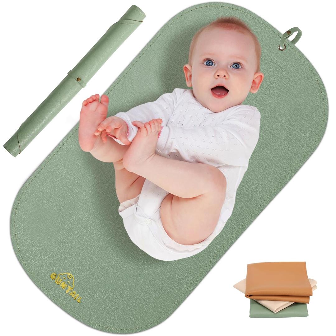 2 x Portable Baby Diaper Changing Mat,Soft Faux Leather, Wipeable & Easy to Clean,for Home or Travel, Waterproof, with Storage Strap,Easily Put into Diaper Bag,30 x 17 in (Sage Green)