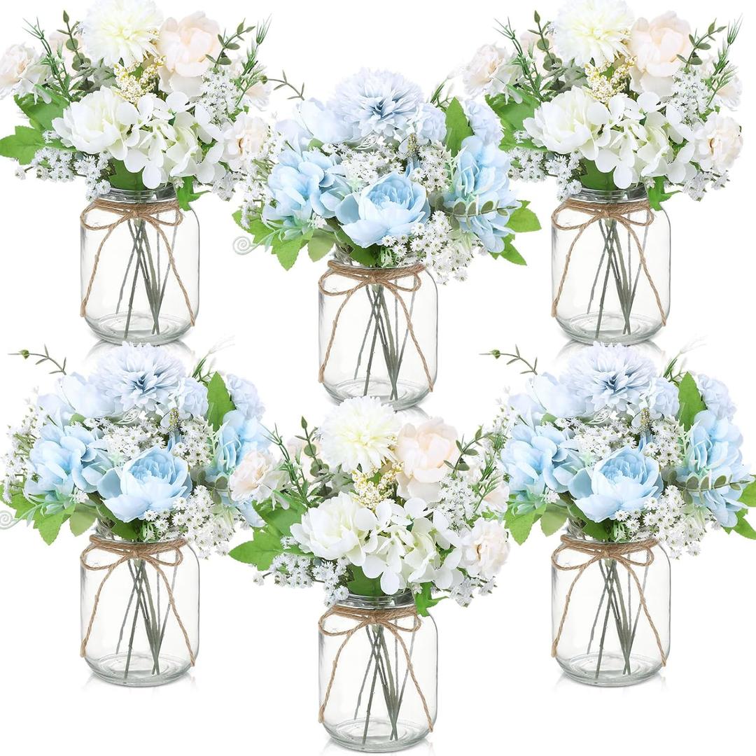 Zeyune 6 Sets Mason Jar Table Centerpiece with Hydrangea Artificial Flowers in Glass Vase Farmhouse Decorative Mason Jar Floral Arrangement for Coffee Table Wedding Living Room Home Decor(Blue, White)