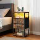 KKL Tall Nightstand with Charging Station and LED Lights, Bedside Table with Fabric Drawers, Open Shelves Storage for Bedroom, Vintage