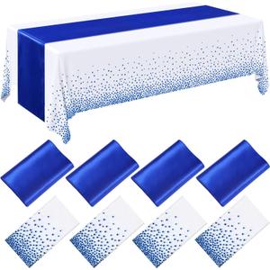 Breling 8 Pack Royal Blue Disposable Plastic Tablecloths and Satin Table Runner Set, 54 x 108 Inch Tablecloth, 12 x 108 Inch Table Runners for Wedding Graduation Birthday Baby Shower New Year
