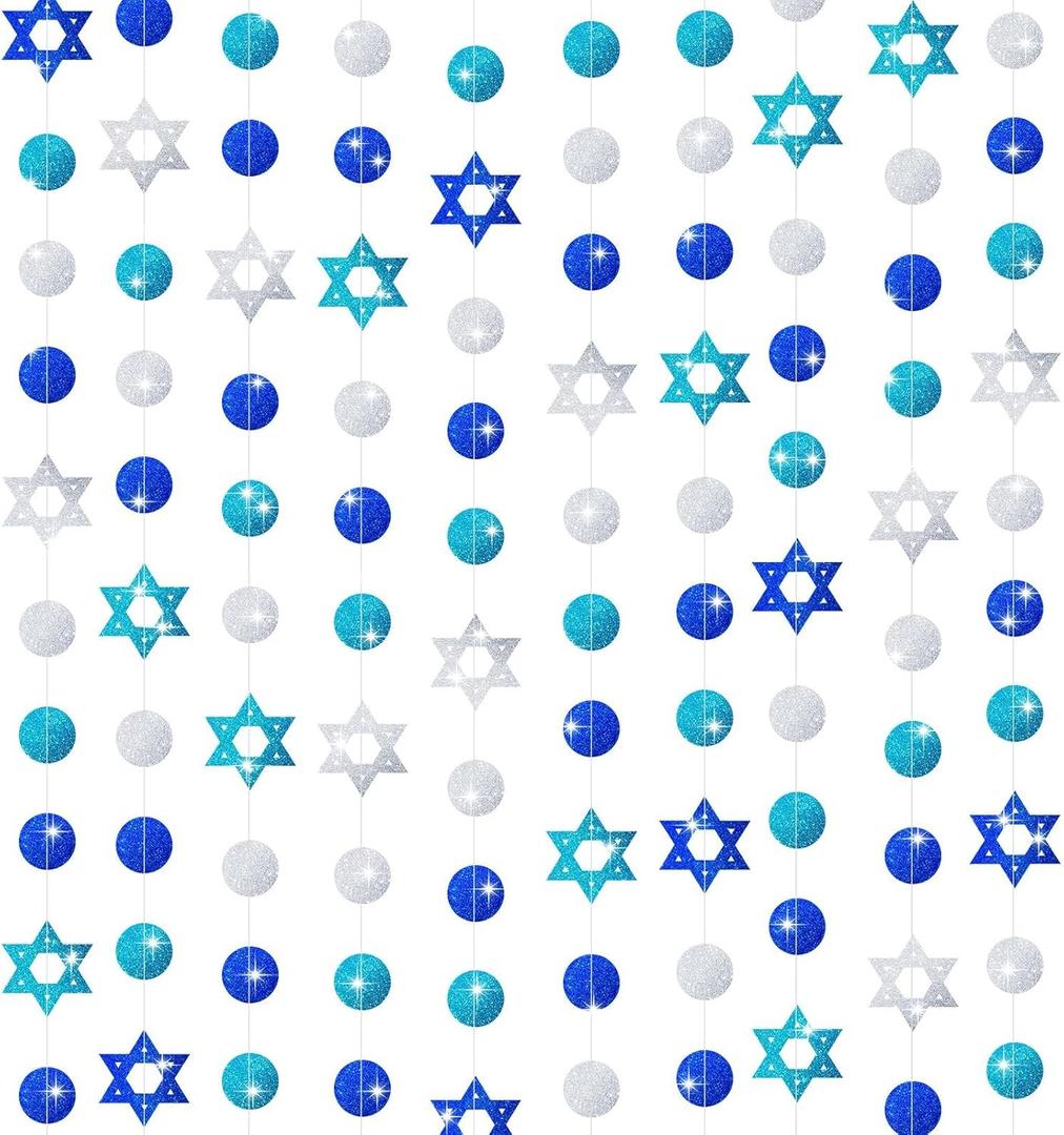 MARFOREVER 41 Ft Hanukkah Decorations Hanging Banner 5 PCS Chanukah Decorations Glitter Blue White Star of David Streamers Swirls Hanukkah Garland for Jewish Party Home Wall Ceiling Decor