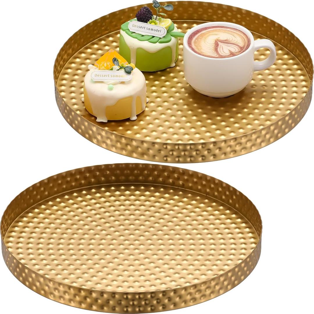 2 Pcs Hammered Round Serving Tray for Wedding 11 Inch Gold Decorative Tray Bar Plate Dish Gold Vanity Plate Jewelry Dish Key Bowl for Wedding Bathroom Candle Perfume Countertop