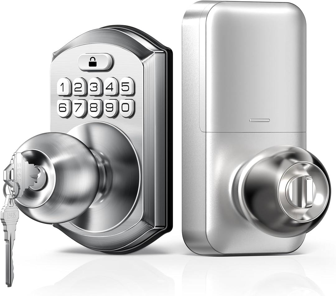 TEEHO Keyless Entry Keypad Door Lock with Handle, Electronic Digital Smart Locks for Front Door, Easy to Install Keypad Deadbolt with Code for Bedroom, Anti-Peeping Password - Nickel