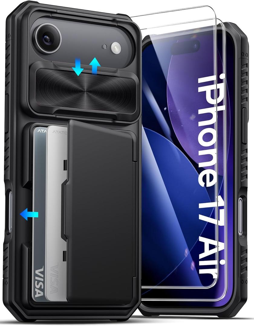 ATATOO for iPhone Air Case Wallet with HD Tempered Glass Screen Protector [2 Pack], Card Holder & Slide Camera Cover, Drop Protection, Hard Protective Case for iPhone Air 2025 6.5", Black