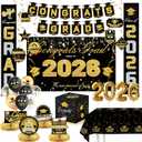 Graduation Decorations 2026-Black and Gold Party Supplies,Class of 2026 Backdrop,Congrats Grad Banner,Tablecloth,Porch Banner,Balloons & Grad Card Box for College High School