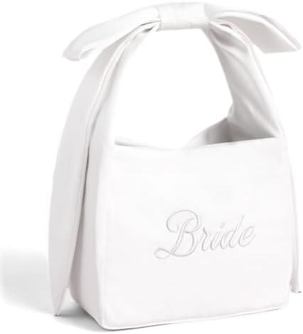 xo, Fetti White Satin Bride Bow Bag | Bachelorette Party Decorations, Bride To Be Purse, Bridal Shower Accessory, Engagement Party Outfit