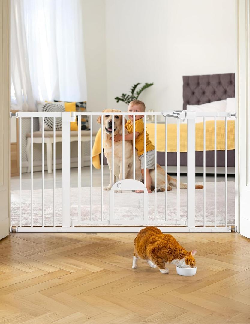 Babelio 36.5-57" Extra Wide Baby Gate with Cat Door, CatPrivilege , Auto Close & Two Way Swing, Pressure Mounted Dog Gates for Stairs, Doorways, Includes 4 Wall Cups and 3 Extension Pieces,White