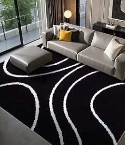 YIHOUSE Black Modern Area Rugs 8x10, Large Black and White Rugs for Living Room, Wave Washable Rug 8x10, Thin Abstract Geometric Rug, Minimalist Striped Rugs for Bedroom, Office