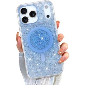 ZIYE Compatible with iPhone 17 Pro Max Case Magnetic Glitter Sparkly Bling Clear TPU Bumper Hard PC Shockproof Protective Girls Compatible with MagSafe Cover Case Designed for iPhone 17 Pro Max Blue
