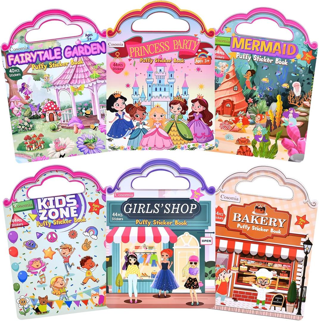 6 Set (260pcs) Puffy Sticker Books Activity for Girls, Reusable Stickers Book, Fairytale+Garden+Princess Party+Mermaid+Kids Zone+Girls' Shop, Travel Book for Kids Ages 3+