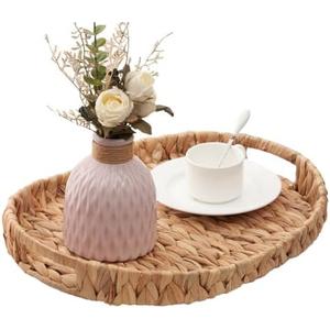 Hand-Woven Rattan Tray with Handles - 17"x13" Oval, Decorative Water Hyacinth Serving Tray for Living Room, Coffee Table, Breakfast in Bed
