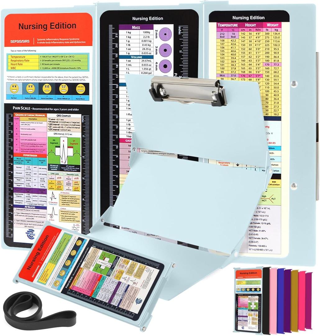 Nursing Clipboard Foldable with Medical Edition Cheat Sheets, 3 Layers Aluminum Foldable Clipboard for Nursing, Notepad for Students, Nursing School Essentials (Mint)