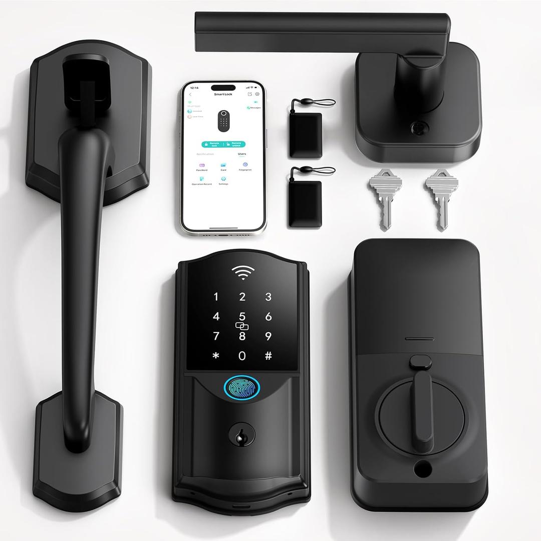 Built-in WiFi Smart Lock with Handle Set - Firstriver Fingerprint Keyless Entry Door Lock for Front Door, App Control, Digital Keypad Deadbolt, Auto Lock, Compatible with Alexa & Google Assistant